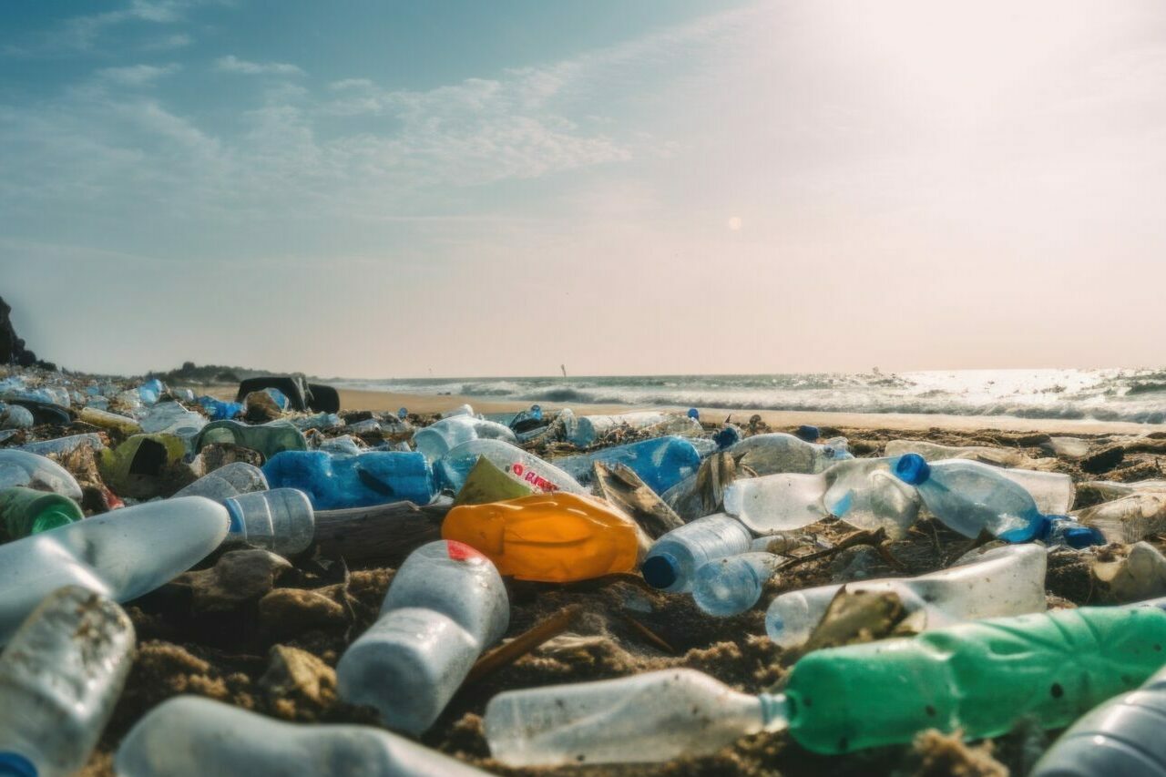 Ein Strand, der mit Plastikflaschen verschmutzt ist