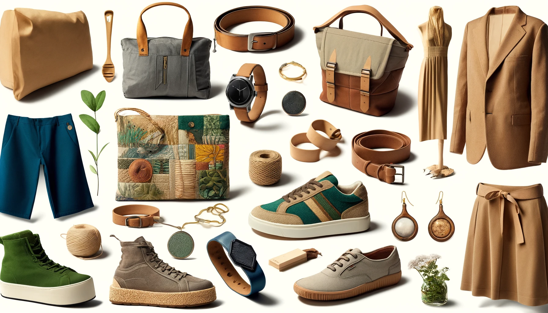 Collage beliebter nachhaltiger Accessoires: Taschen aus recyceltem Plastik und Biobaumwolle, Schmuck aus recycelten Materialien, vegane Schuhe, Gürtel aus Naturmaterialien