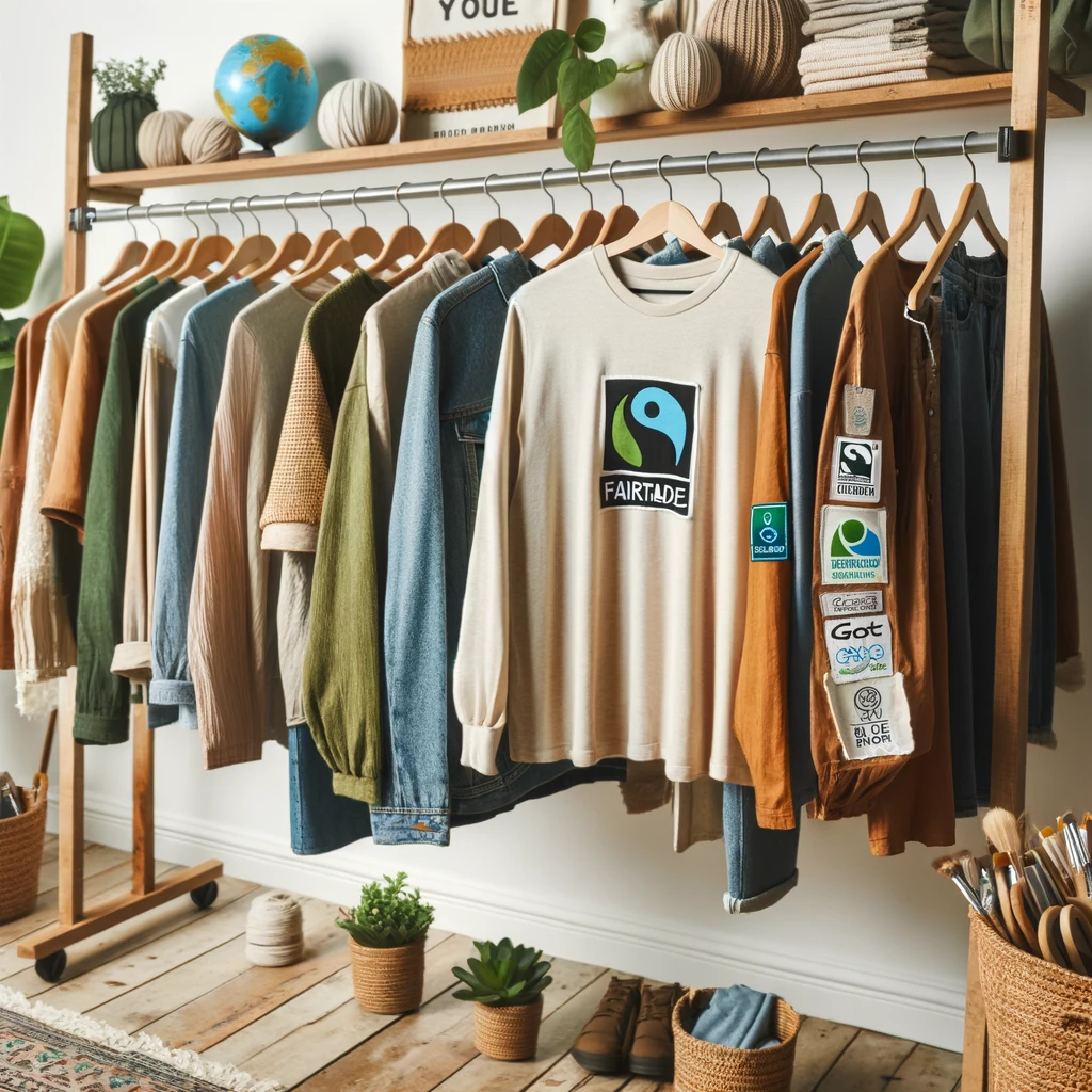 Nachhaltige und faire Mode an einer Kleiderstange: Kleidung aus Bio-Baumwolle und recycelten Materialien mit Fairtrade-, GOTS- und Bluesign-Labels